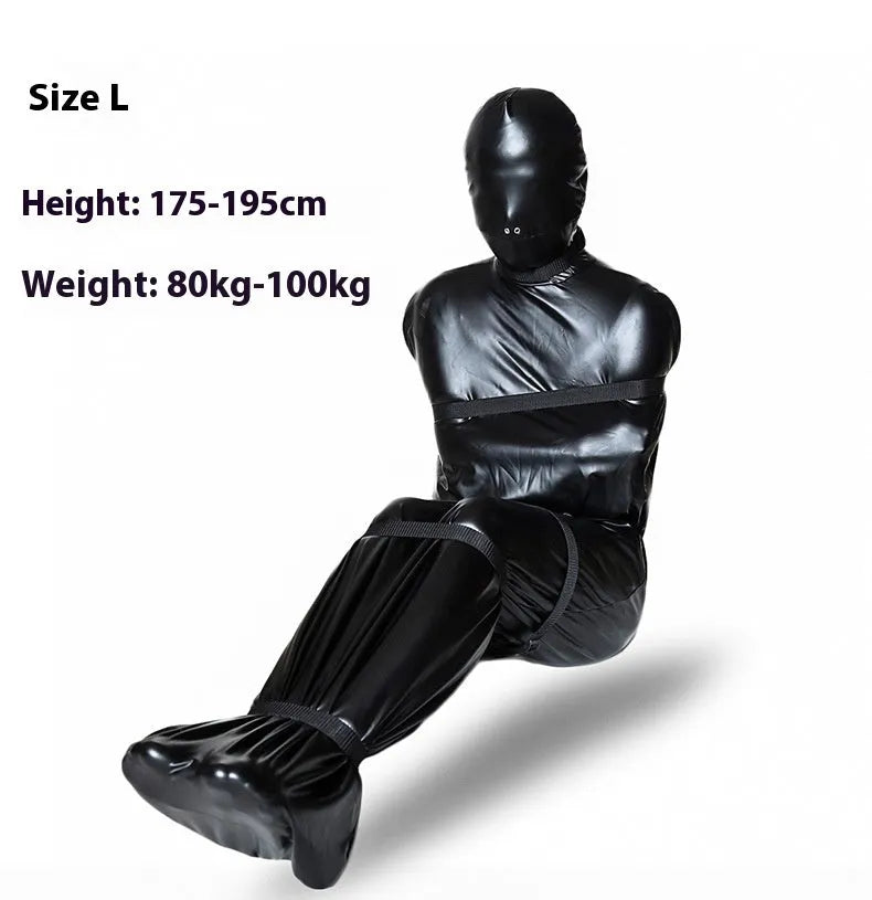 Black patent leather bondage set with leak nostril clothes and six ratchet tie downs