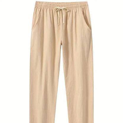 Men's cotton linen beach trousers in loose casual fit, shown in solid colour options