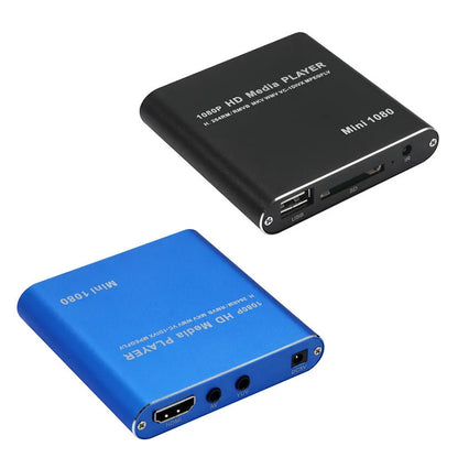 Black or blue 1080P Full HD media player with HDMI port, SD card slot, and USB inputs.