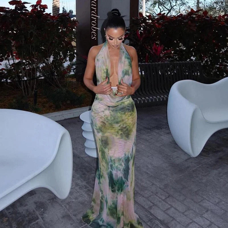 Women's 2pcs Tie Dye Printing Deep V-neck Suits for beach parties in green and purple