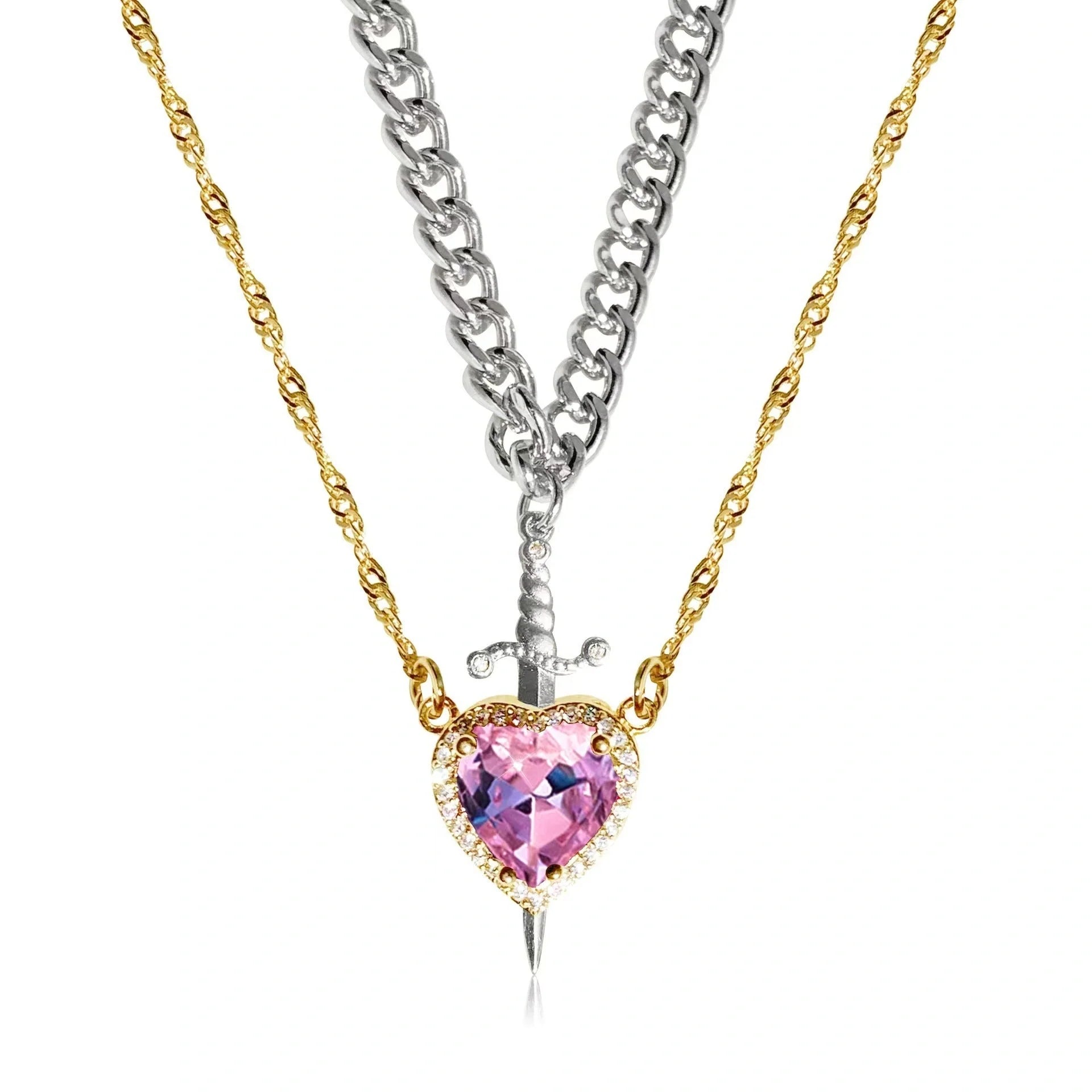 Fashionable Heart and Sword Pendant Necklace Set made of stainless steel with sparkling crystals for a bold, romantic look