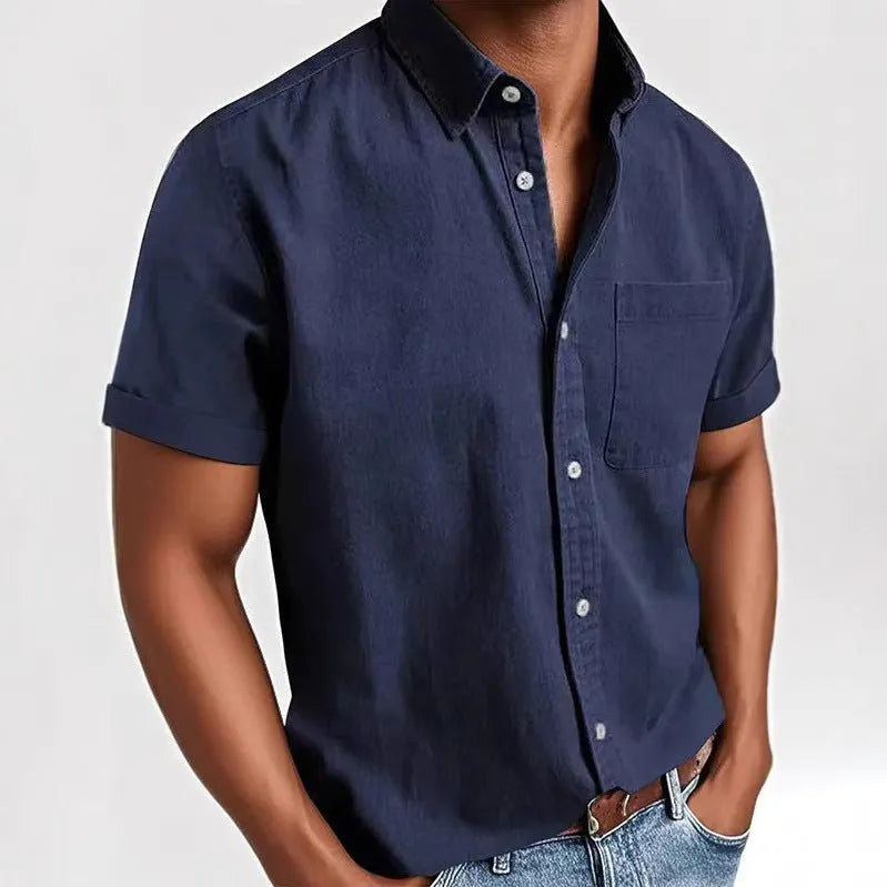 Men's loose fit single-breasted short sleeve shirt in a cotton blend fabric, shown in multiple colour options.