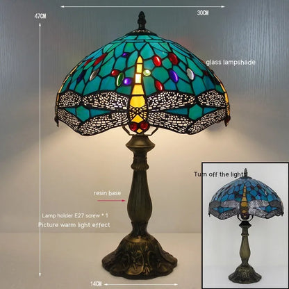 European style stone table lamp with dragonfly motif in blue finish, 30cm height