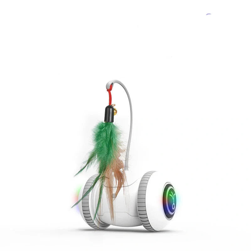 Interactive robotic cat toy with feather and plush chick heads for endless feline entertainment