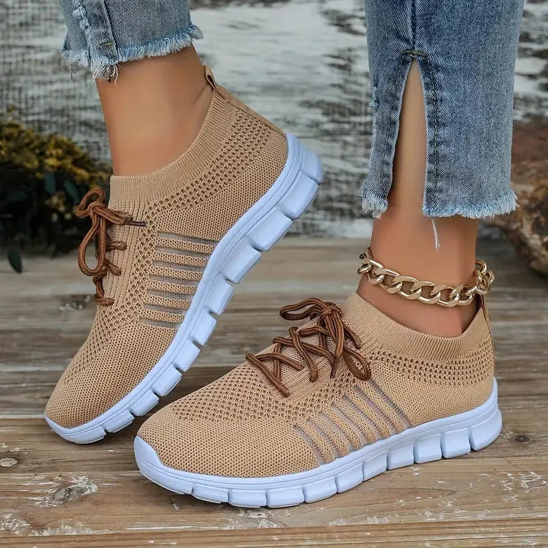 Women's casual mesh sports flat shoes with front tie design in multiple colour options