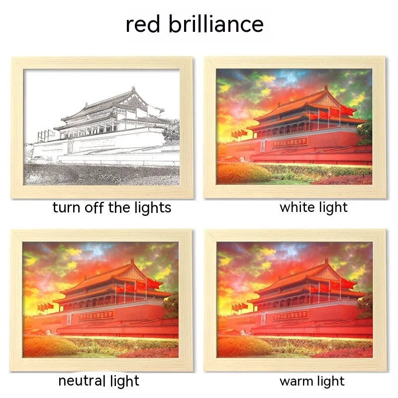 USB-powered LED picture frame night light displaying landscape artwork in modern plastic frame