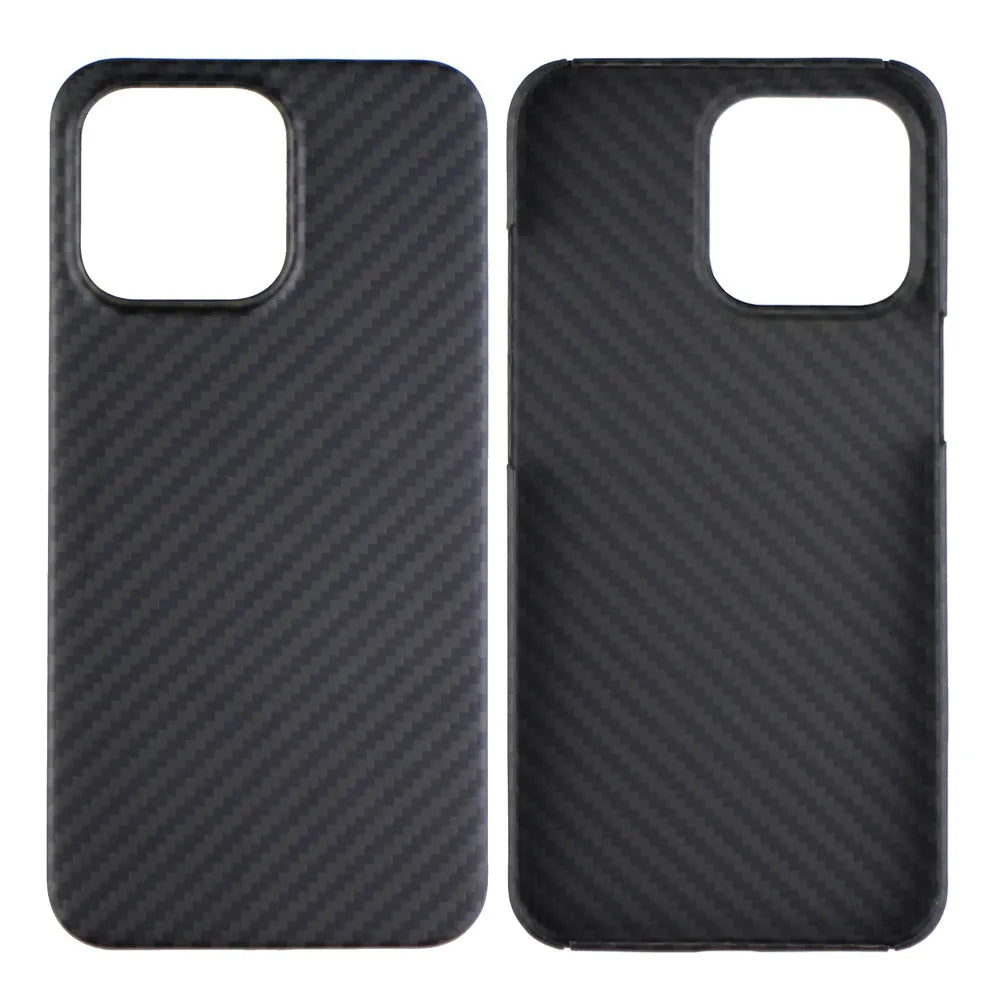 Matte black Kevlar fibre protective case for iPhone showing crater texture and exposed side buttons.