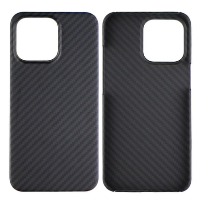 Matte black Kevlar fibre protective case for iPhone showing crater texture and exposed side buttons.