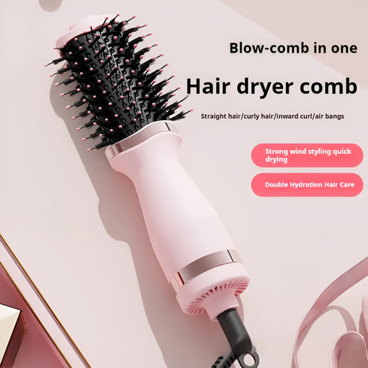 Pink multifunctional hair dryer with integrated comb and curling attachments