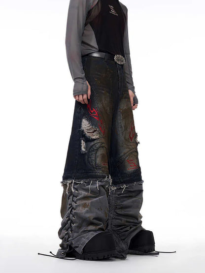 Men's retro wide leg jeans with detachable trouser legs in denim fabric
