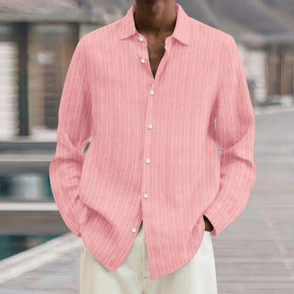 Men's striped British style cardigan shirt in polyester flat mop cloth fabric