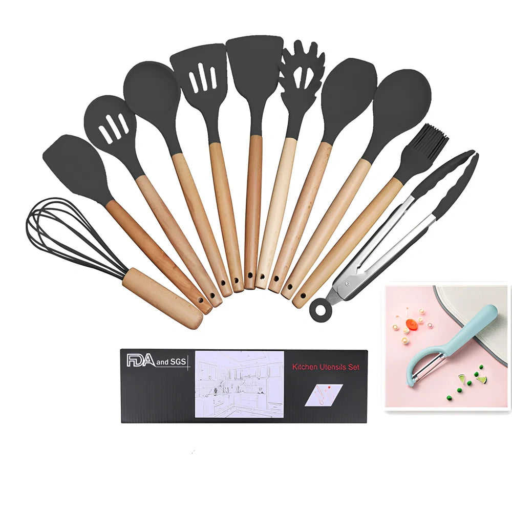 Wooden handle silicone cooking utensils set with 12 tools including spatula, whisk and food tongs in organiser barrel