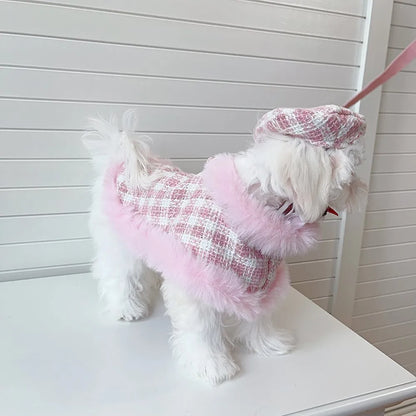 Pink cat costume set with beret and cape featuring hand holding rope design