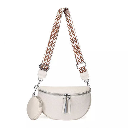 Genuine leather crossbody bag in black, caramel, white, and dark khaki with multiple pockets