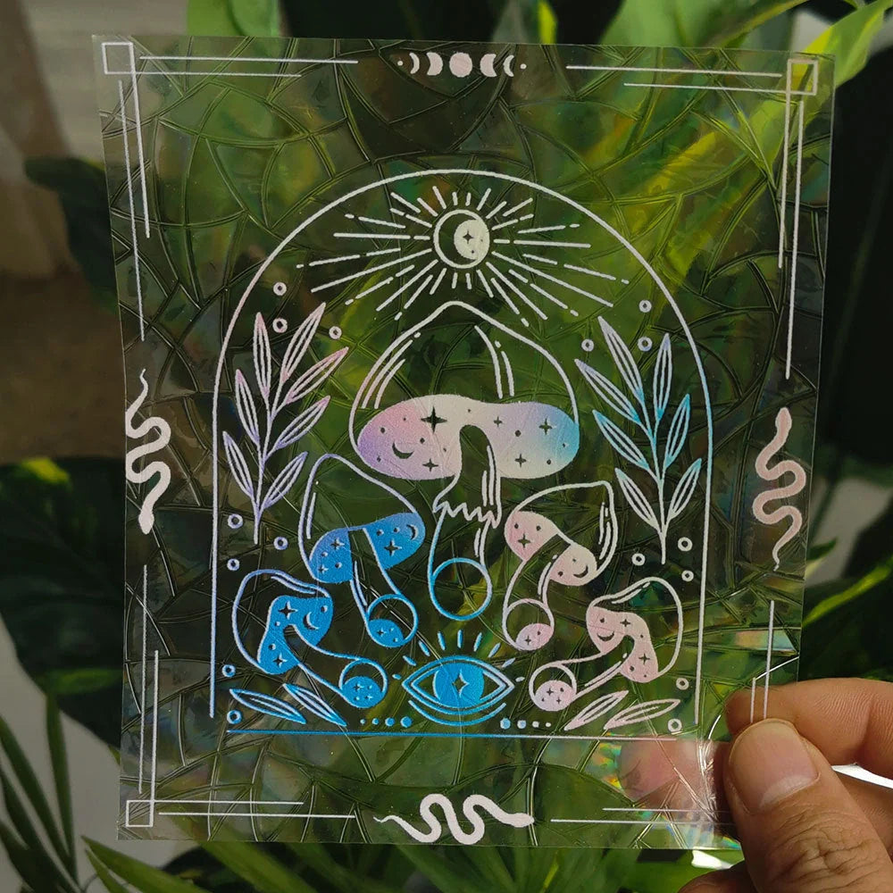 Colorful mushroom-shaped suncatcher static window sticker creating rainbow reflections