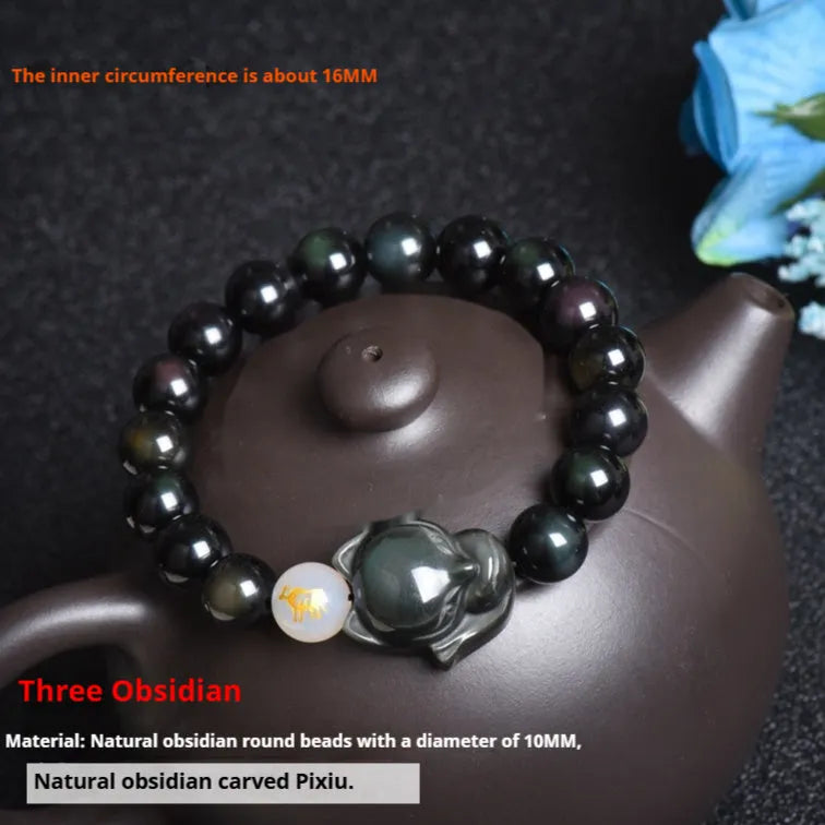 Natural obsidian beaded bracelet with 10mm stones in gold, silver, or black style.