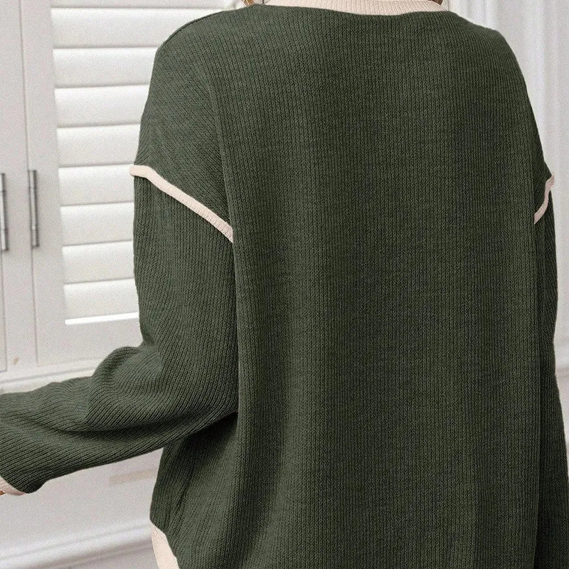 Four Leaf Clover Contrast Colour Trim Knit Drop Shoulder Loose Top in beige, green or light pink, S M L XL sizing, made from 97% polyester 3% elastane with raglan sleeves for casual weekend wear and everyday outfits