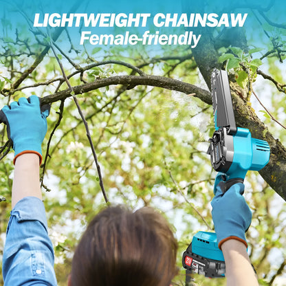 Compact cordless electric chainsaw with 6-inch chain, two batteries, safety goggles, gloves, and accessories in storage box