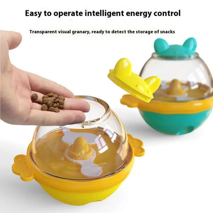 Yellow TPR dog leakage feeder puzzle toy for slow feeding, shown next to lake blue version.
