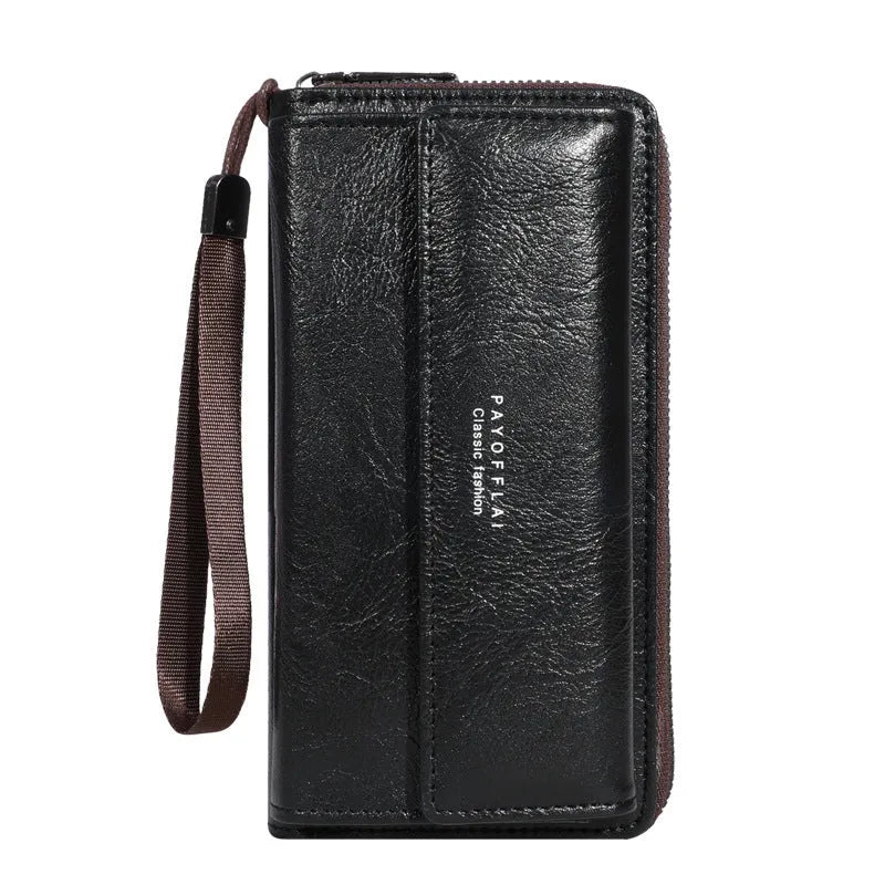 Men's black PU long-fold wallet with multiple card slots, shown open.