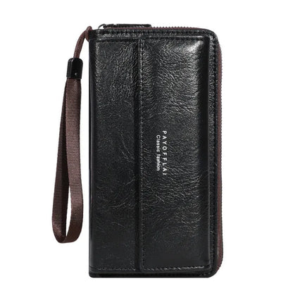 Men's black PU long-fold wallet with multiple card slots, shown open.