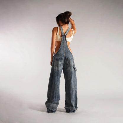 Fashionable Y2K-inspired denim overalls with pockets, suspenders, and a loose, comfortable fit