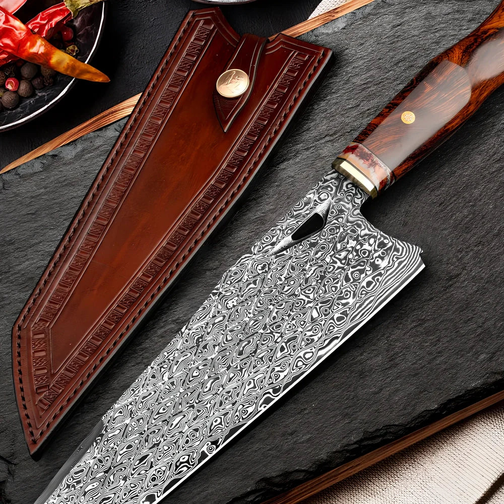 Damascus steel kitchen knife with 21.8cm blade and milky off-white finish on cutting board