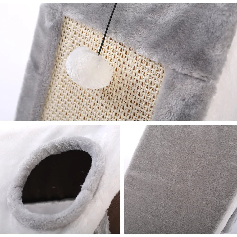 Grey and white triangular cat bed with an integrated sisal rope scratching post.