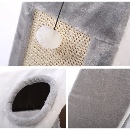 Grey and white triangular cat bed with an integrated sisal rope scratching post.
