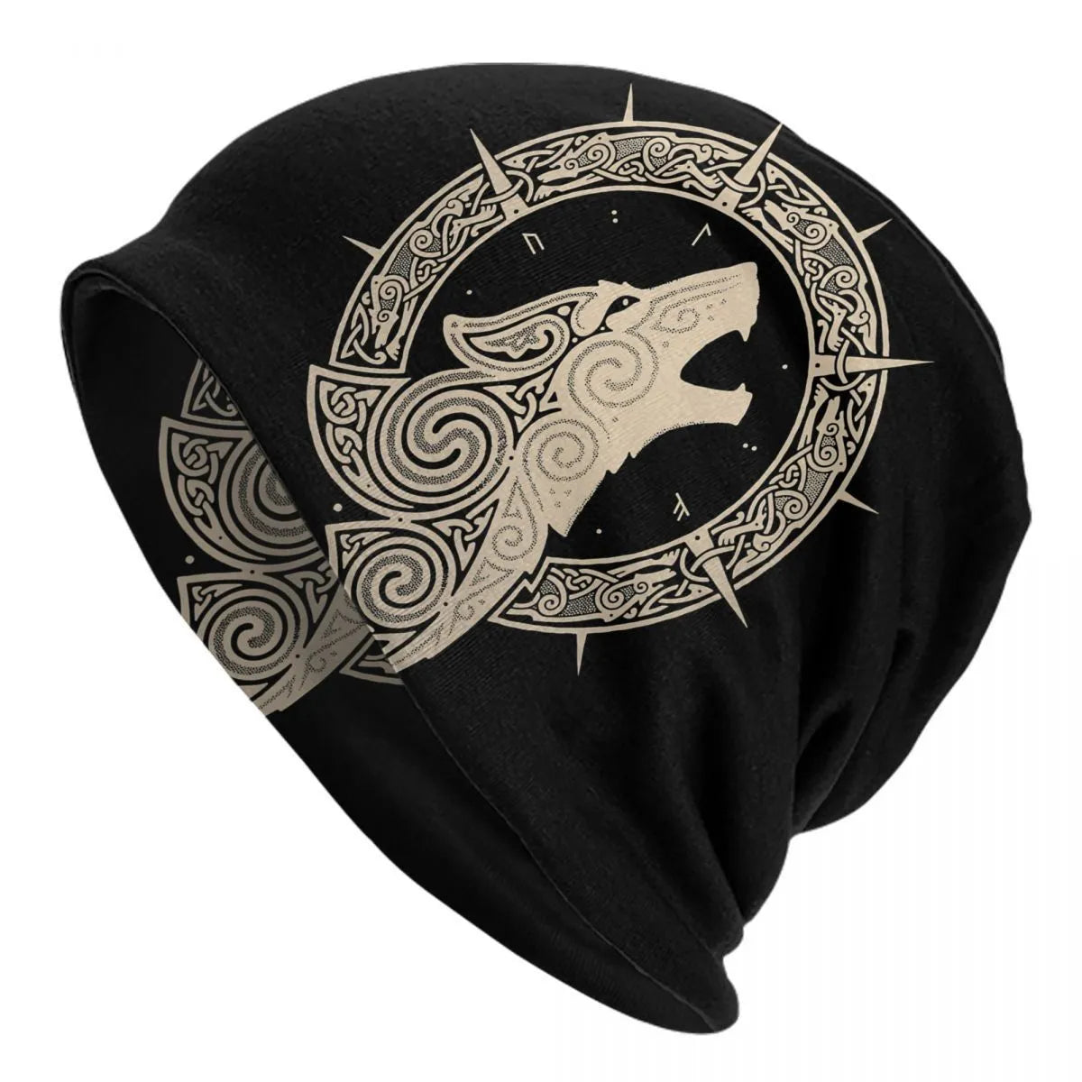 A black cotton hat with a white Viking wolf graphic and an elasticated sleeve cap construction.