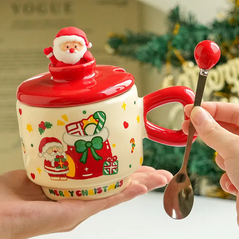 Christmas ceramic cup with lid, 8cm height, 9cm caliber, 301-400ml, round single-layer cartoon festive design