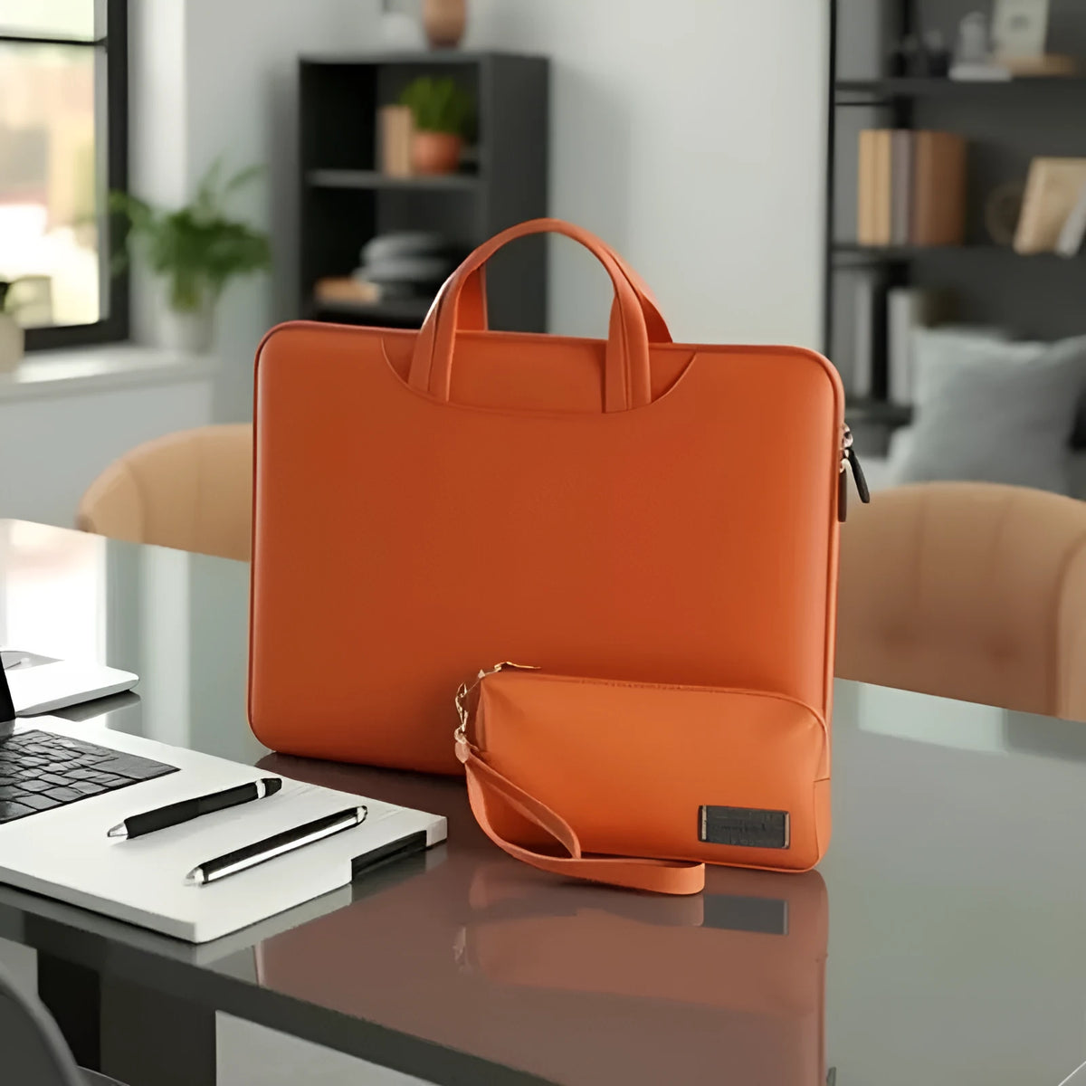 Black leather laptop bag with integrated power bank for 13-16 inch notebooks showing dimensions