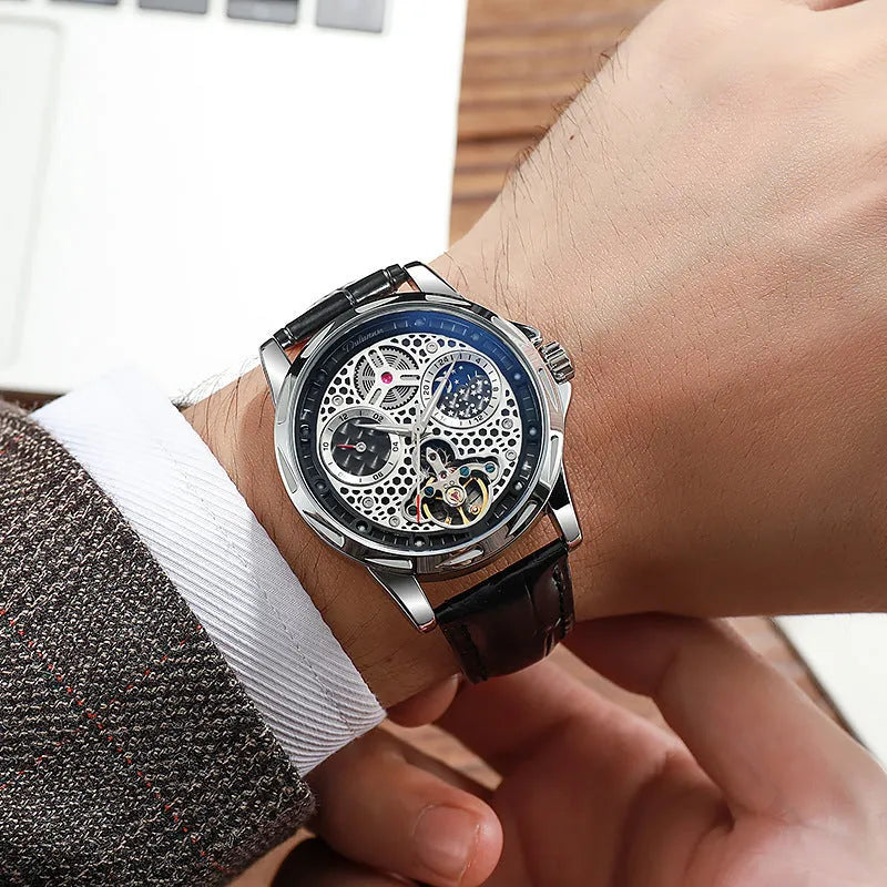Men's automatic watch with luminous hands, 13mm thickness, available in black or white steel and leather strap options