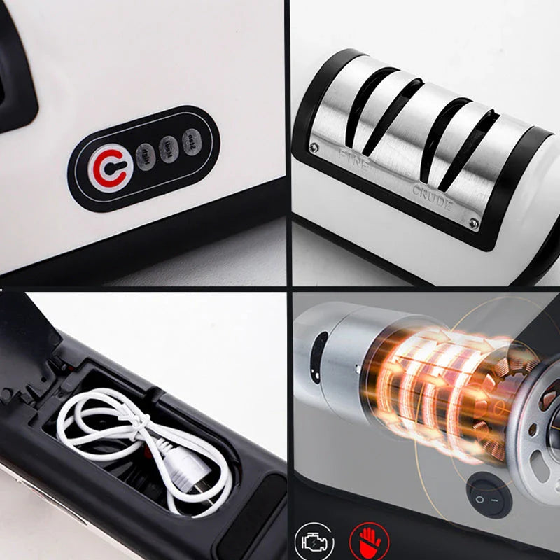 Electric knife sharpener with USB recharging, adjustable settings, and modern design for precise, easy blade honing
