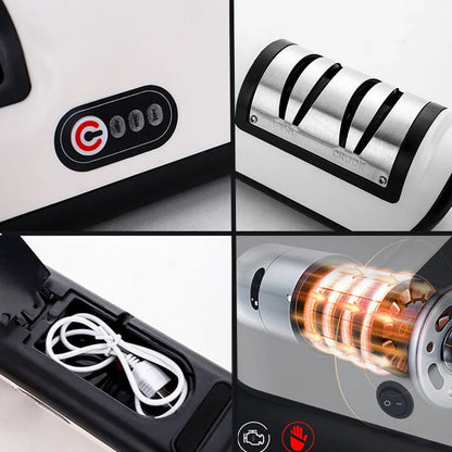 Electric knife sharpener with USB recharging, adjustable settings, and modern design for precise, easy blade honing