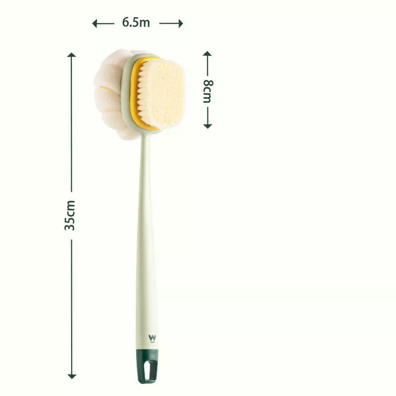 Long handle bath brush with soft fur bristles for gentle back scrubbing