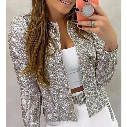 Women's slim fit short sequin coat, 50cm length, available in 17 colours and sizes S to XXXL.