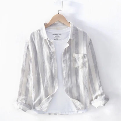 Men's loose blue Hong Kong style long sleeve shirt for spring and summer casual wear