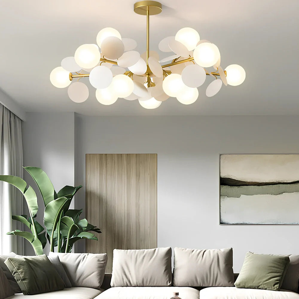 Nordic minimalist chandelier with multiple light heads in metal and glass construction