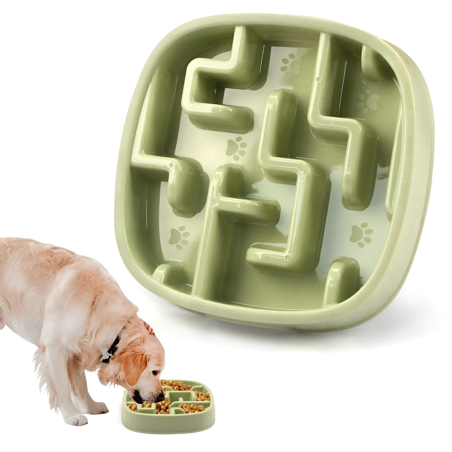 Macaron-coloured slow feed pet bowl with maze pattern and non-slip base for dogs and cats.