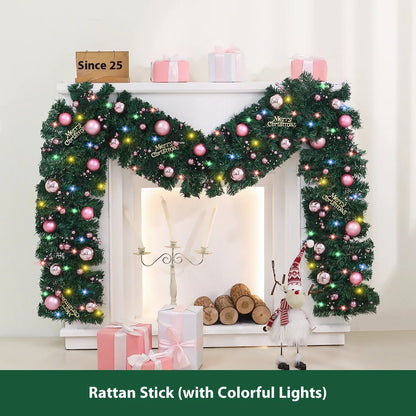 2.7 metre pink artificial rattan Christmas garland with 240 PVC foliage heads and optional coloured lighting