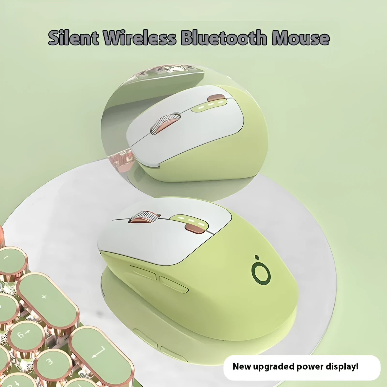 Mute wireless Bluetooth computer mouse in Matcha Green colour on a desk, showing its compact size and 5-button layout.