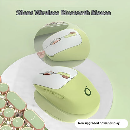 Mute wireless Bluetooth computer mouse in Matcha Green colour on a desk, showing its compact size and 5-button layout.