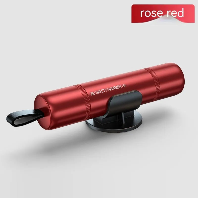 Aluminium alloy car safety hammer with cutting blade in black, red, and silver colour options