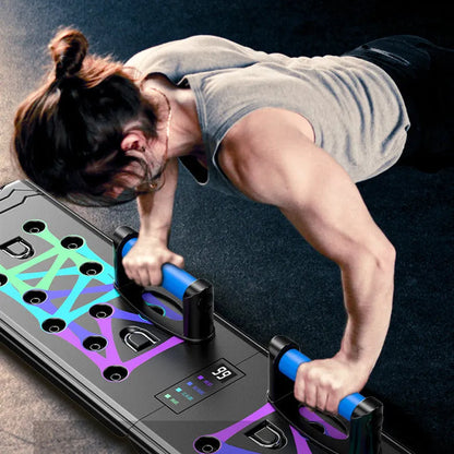 Black multifunctional push-up board 87cm x 43cm x 20cm with ABS plastic body and TPE soft rubber grips for chest training