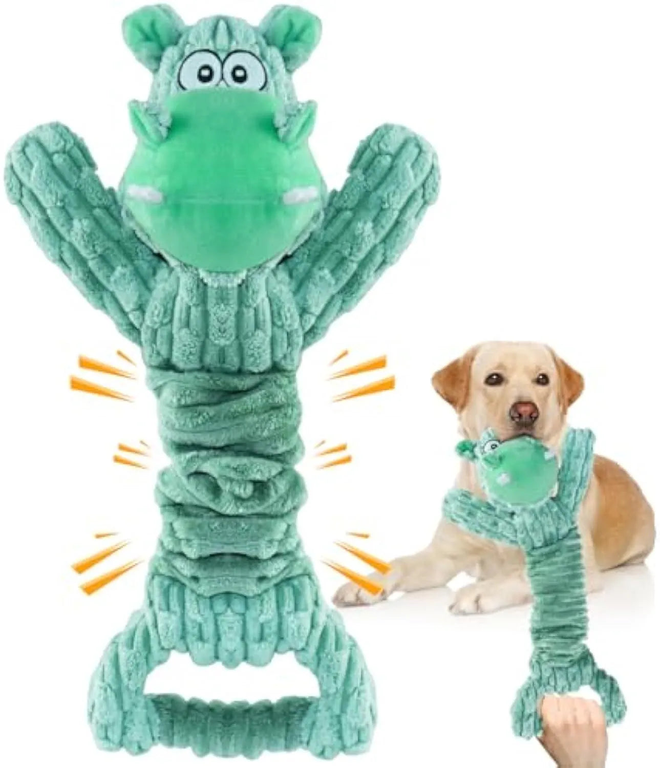 Large plush squeaky dog toy with telescopic body, crinkle paper, and handle for tug-of-war play