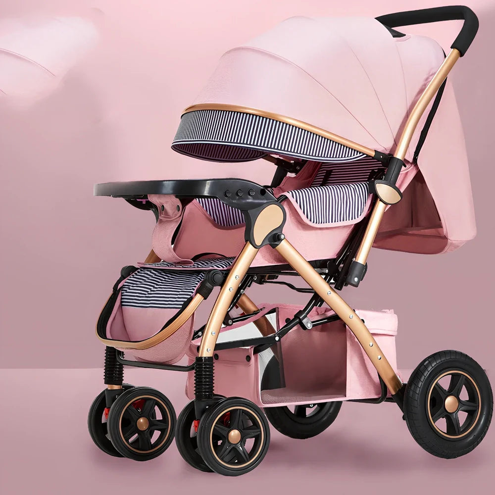 Baby stroller gift box in local gold frame with khaki blended fabric and 20cm rubber rear wheels for newborn use