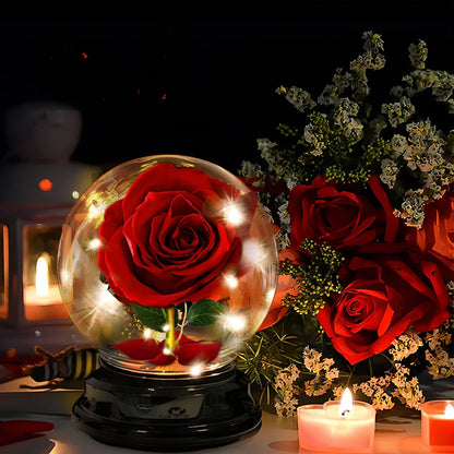 Handmade red velvet rose in eternal preservation inside 20 cm glass lantern with warm 300-lumen lamp for home decor