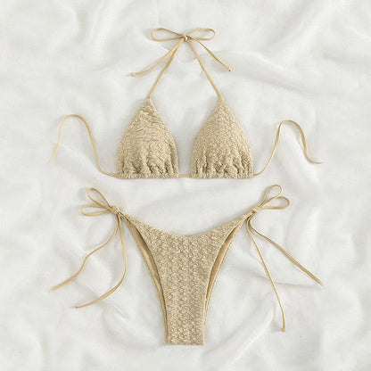 Women's khaki high waist bikini with lace-up ties on the sides of the shorts.