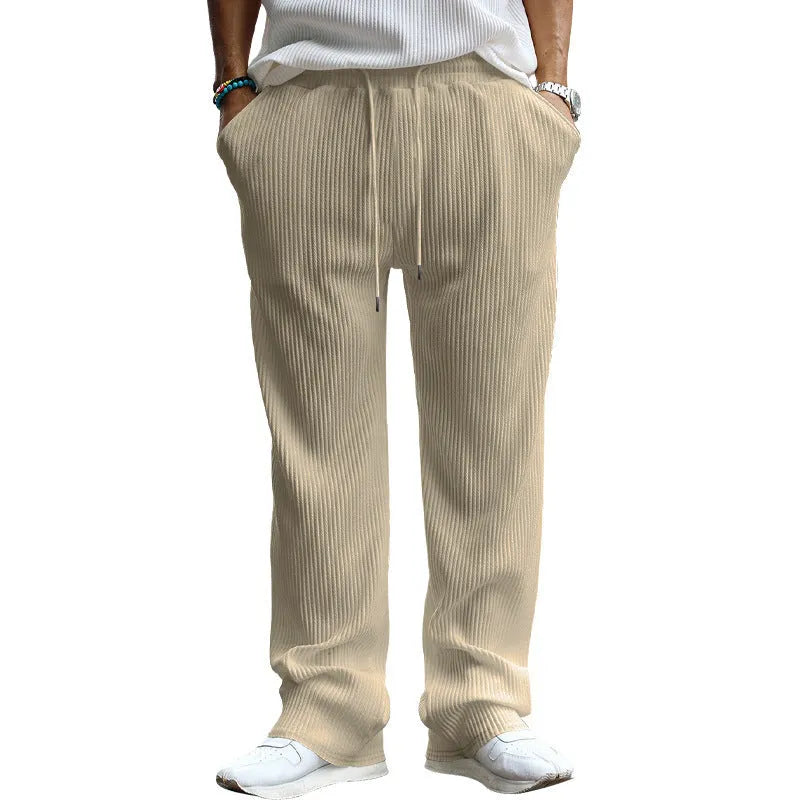 Men's casual loose striped high waist straight trousers in Army Green with micro elasticity